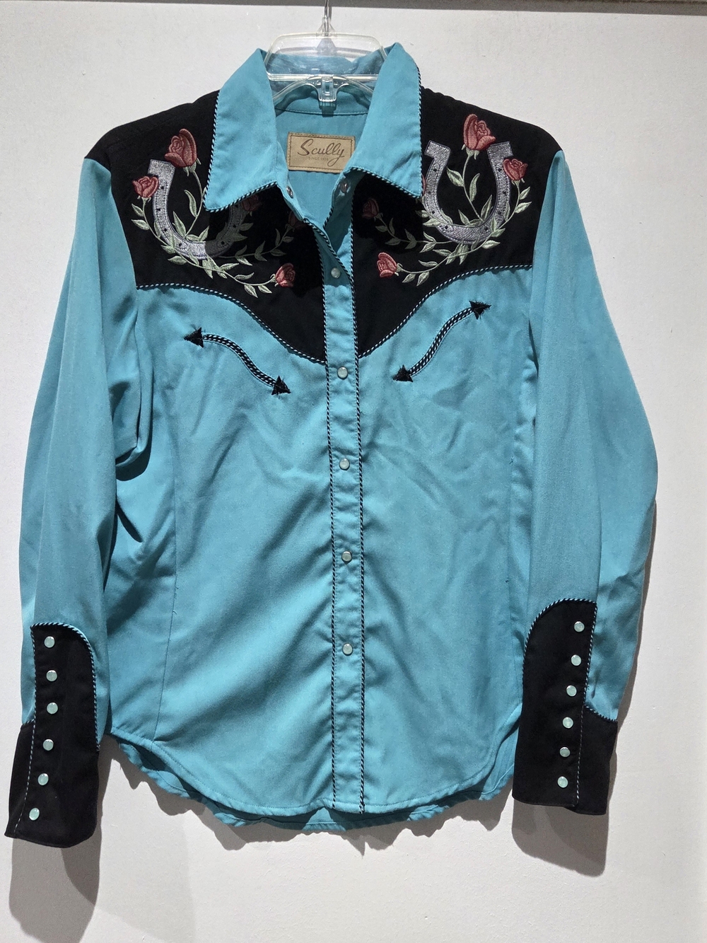 Scully Turquoise Western Embroidered Snap-Front Shirt with Black Yoke